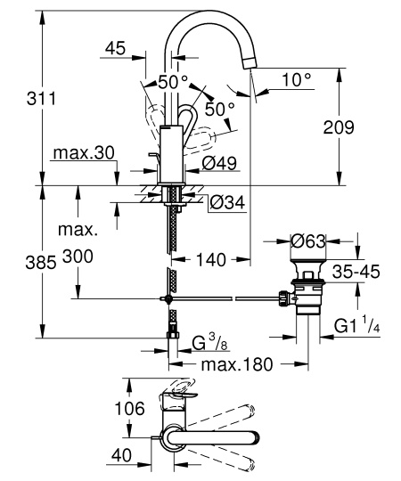 смеситель для раковины grohe bauloop с донным клапаном, l-size, хром (23763000)