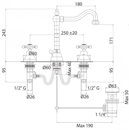 смеситель на раковину cezares golf-bls2-01 на три отверстия с донным клапаном хром, ручки хром